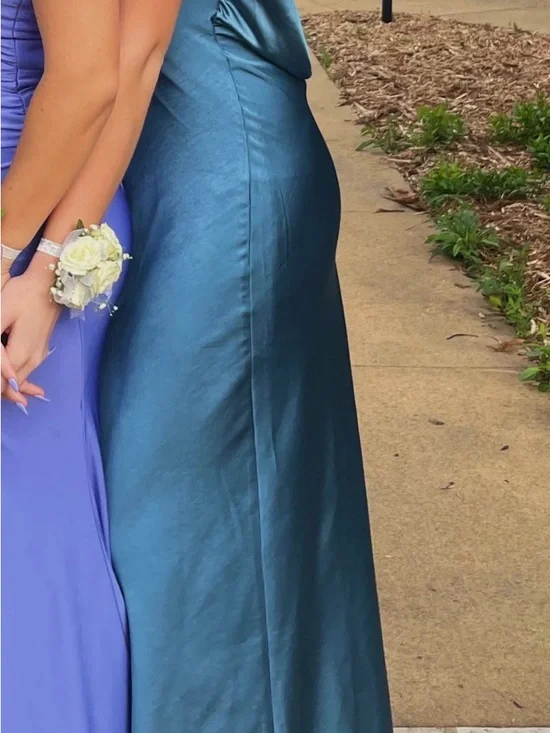 Showpo Teal Blue Satin Cowl-Back Maxi Dress - Picture 4 of 8